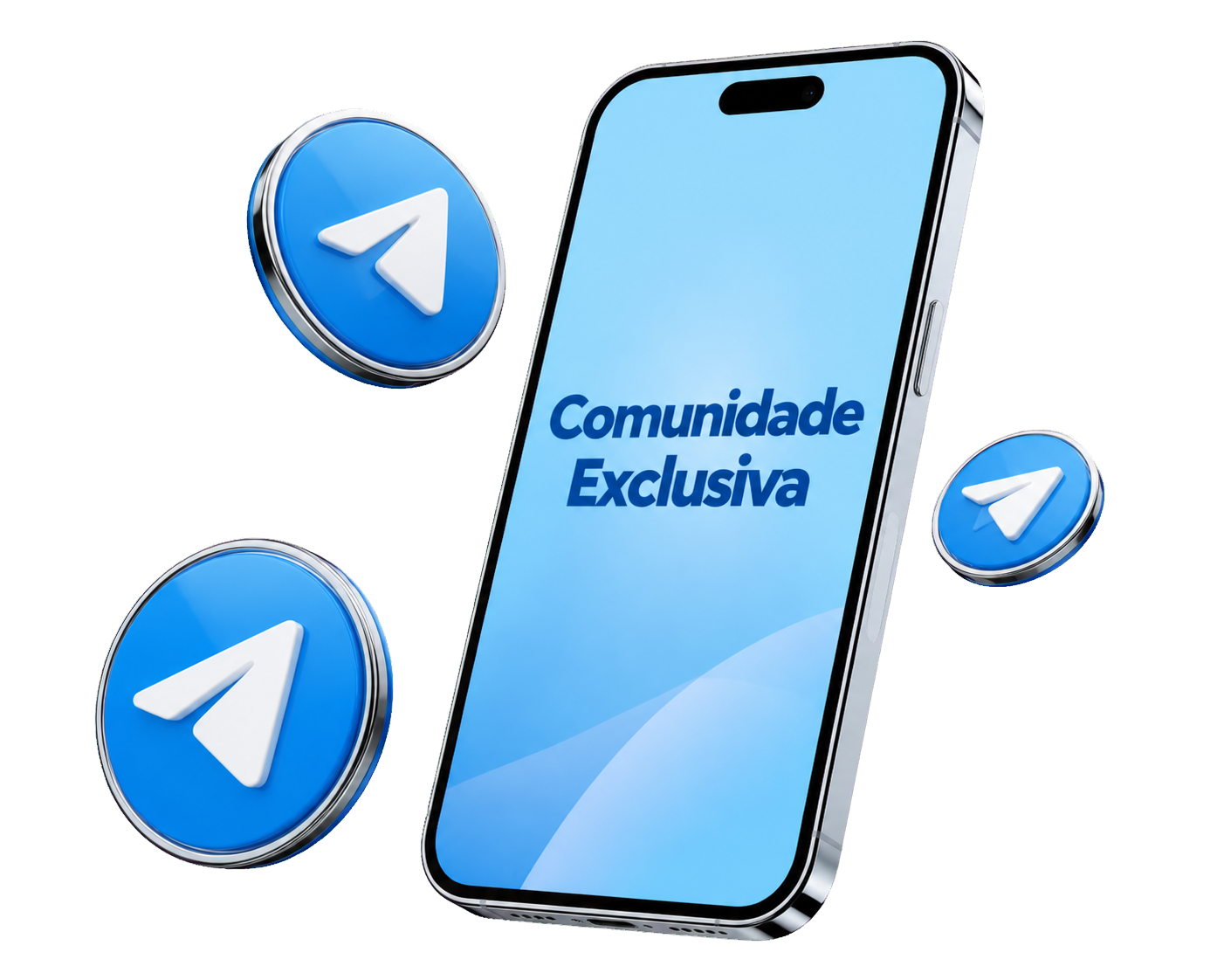 Smartphone exibindo aplicativo de mensagens com o texto Comunidade Exclusiva e ícones do Telegram flutuando ao redor
