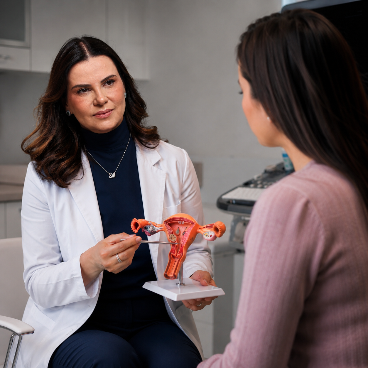 Médica mostrando um modelo anatômico do sistema reprodutor feminino para uma paciente durante uma consulta