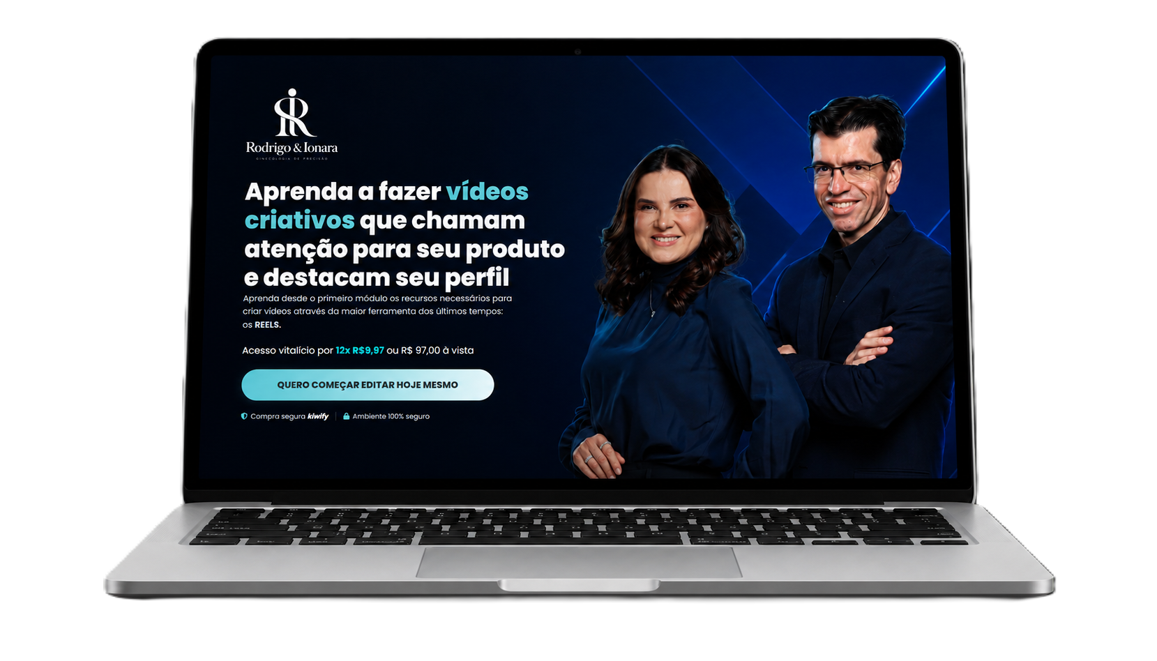 Notebook aberto exibindo a plataforma de aulas Bastidores dos Reels, em estilo semelhante à Netflix, com faixa de miniaturas de aulas
